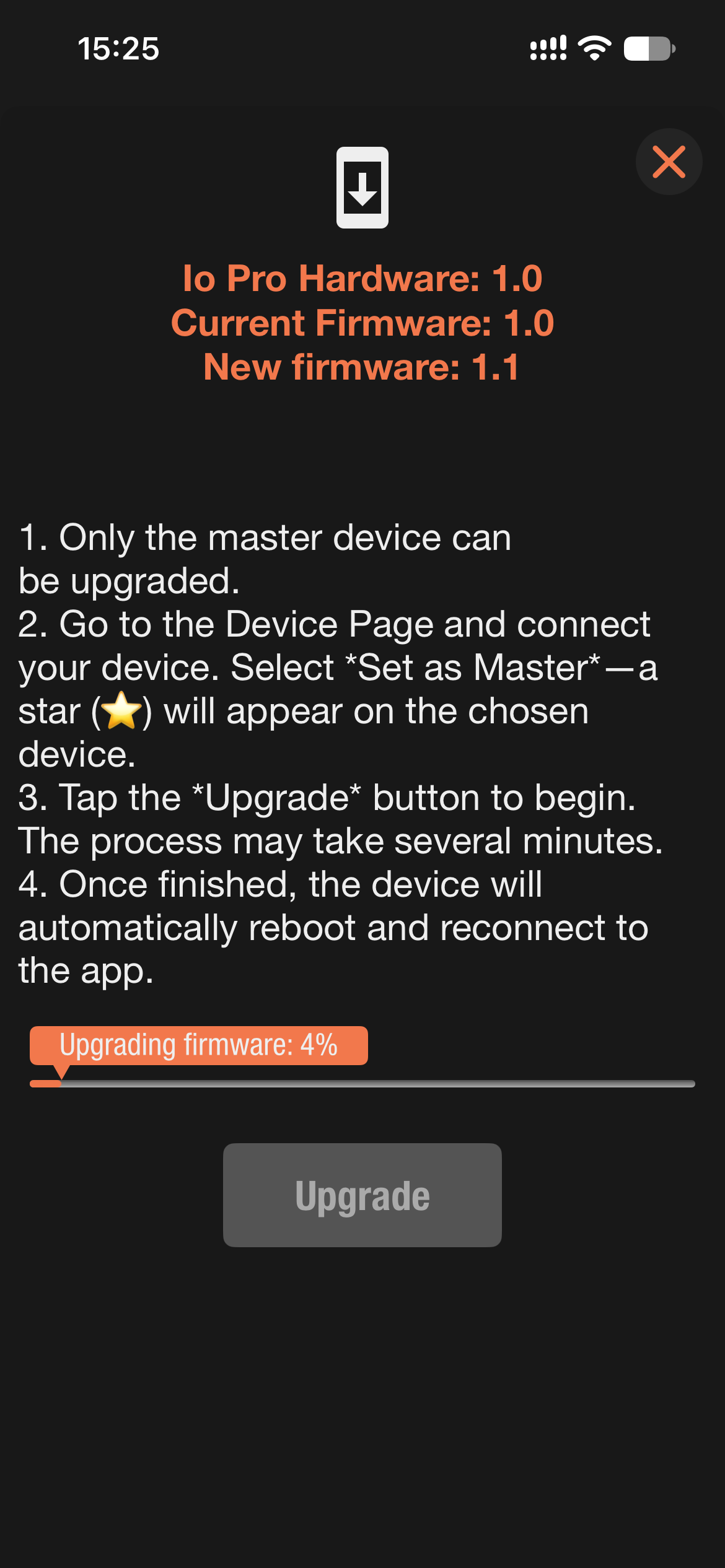 Upgrade page showing the progress