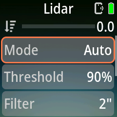 Pluto 2 Pro Lidar page in Auto mode, showing Mode, Threshold and Filter