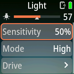 Pluto 2 Pro Light page with the live light bar, threshold marker, Sensitivity, Mode and Drive
