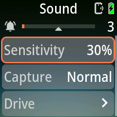 Pluto 2 Pro Sound page with the live level bar, Sensitivity, Capture and Drive