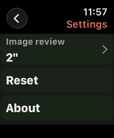 Watch Settings with Image review, Reset and About
