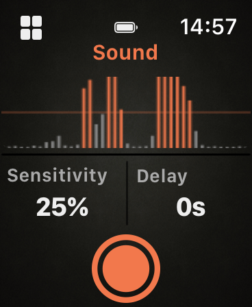 Sound page with live level plot, Sensitivity and Delay